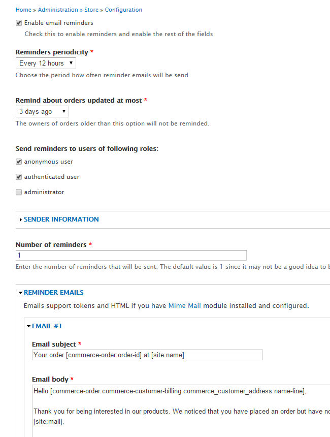 Commerce order reminder settings
