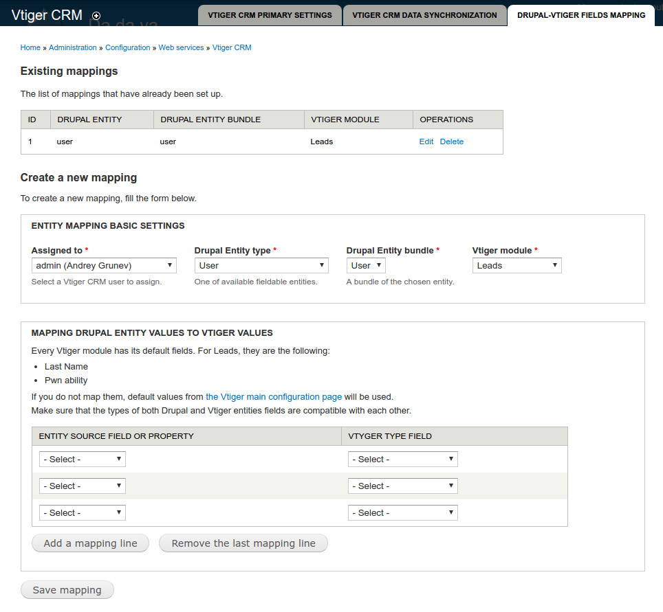 Vtiger Drupal Entity mappings