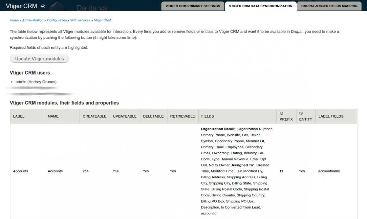 Drupal Vtiger fields mapping