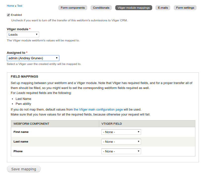 Vtiger Webform mappings